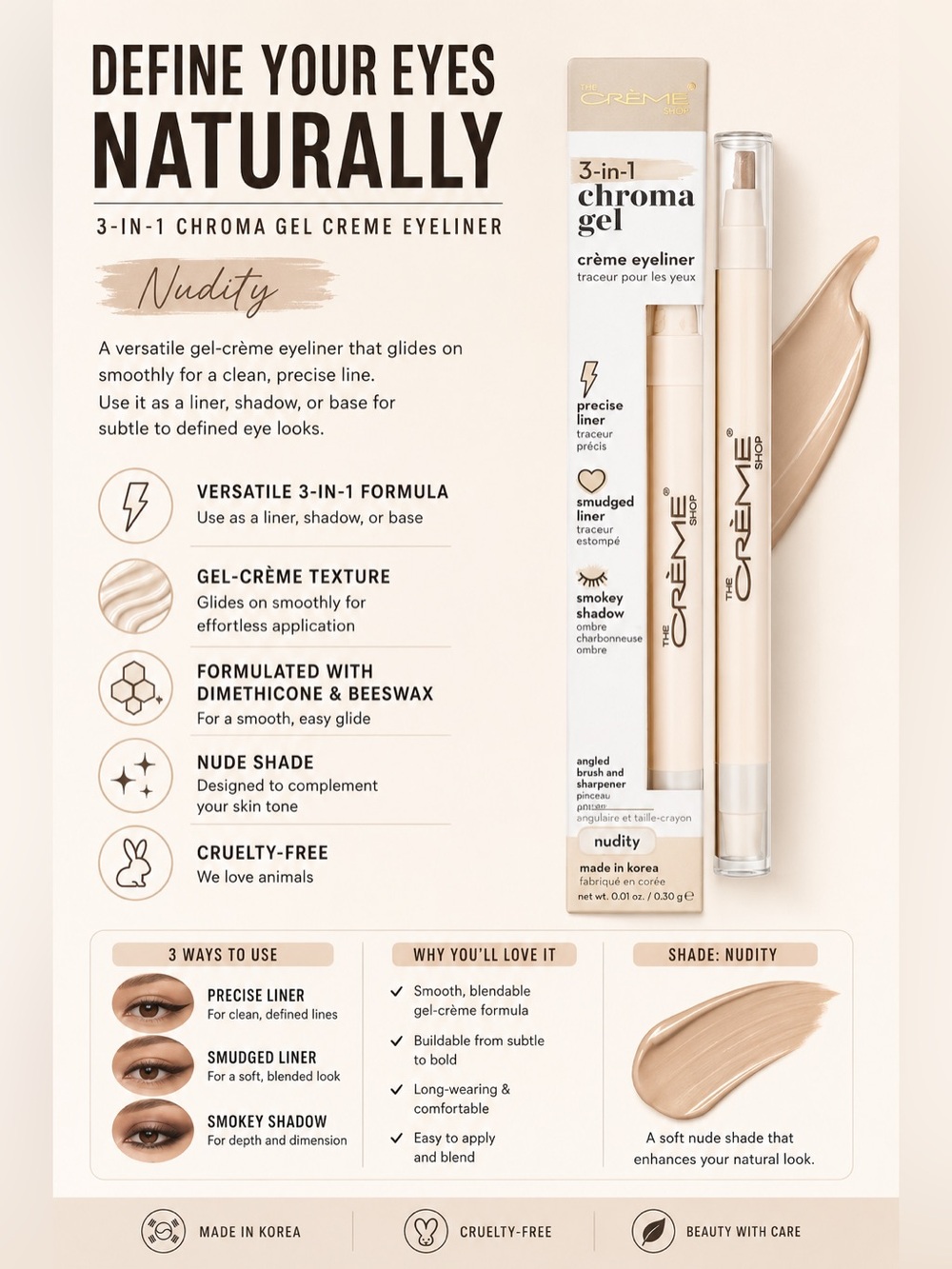 ✨ The Crème Shop 3-in-1 Chroma Gel Crème Eyeliner – Nudity ✨